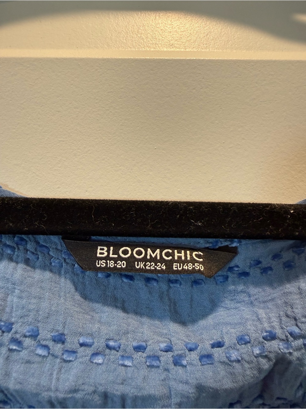 BloomChic Textured Blue V-Neck Midi Dress with Tie Waist - Picture 5 of 6